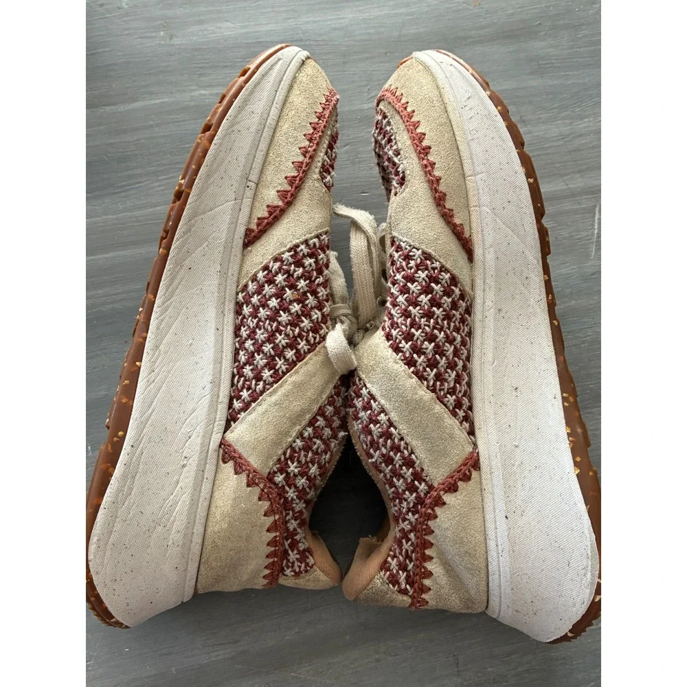 FitFlop Woven Knit Suede Platform Sneakers Burgundy Cream Tan Womens 7